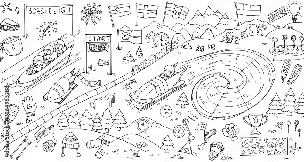 Obraz premium Winter Sports Bobsleigh Race Hand Drawn Doodle Line Art Illustration. Black and White Sketch of Bobsled Track, Athletes, Winter Equipment, and Symbols.