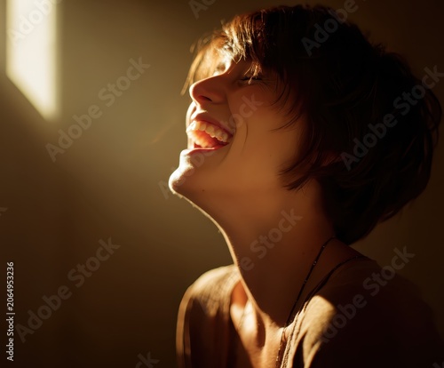 Pure Joy and Sunshine: A young woman with a radiant smile and eyes closed in laughter is bathed in the warm glow of golden sunlight streaming through a window, capturing a moment of pure.