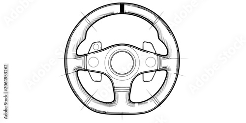 Fotografía Black and white line drawing of a modern sports car steering wheel with paddle s