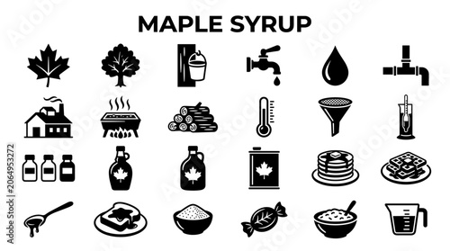 Canvastavla Maple Syrup Production and Consumption Icons Set Featuring Trees Sap Buckets Log