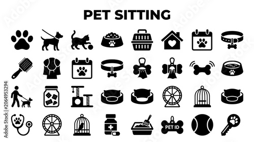 Konstfotografi Pet Sitting Icons Collection Featuring Animals Care Services and Pet Accessories
