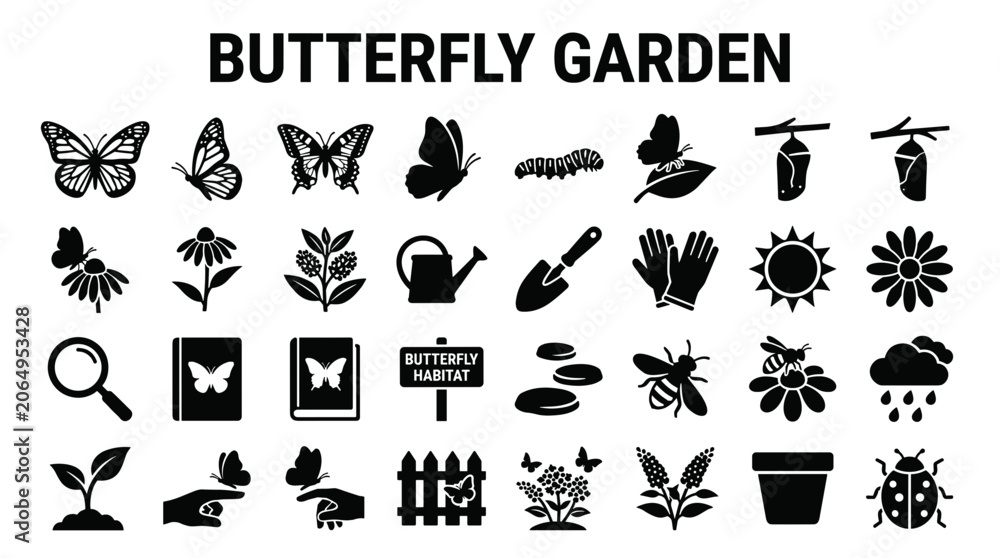Fototapeta premium Butterfly Garden Icons and Symbols Collection Illustrating Nature Insects Plants Gardening Tools and Weather Elements in Black and White
