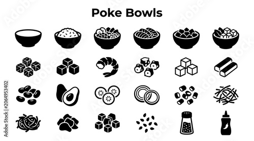 Schilderij op canvas Collection of poke bowl ingredients and elements presented as simple icons perfe