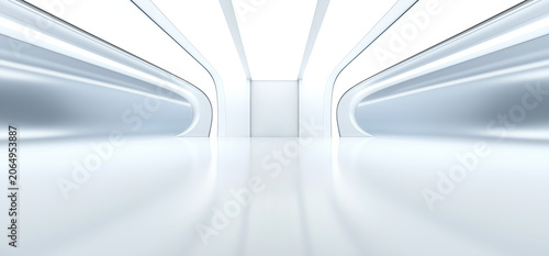 Futuristic corridor with sleek curved architecture, luminous white lighting, glossy reflective flooring. Modern abstract interior background emphasizes advanced technology and innovation.