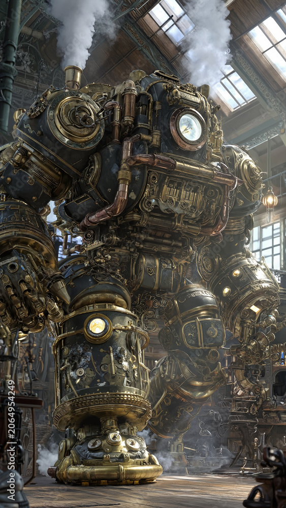 Fototapeta premium Giant Steampunk Mechanical Robot Golem in Victorian Factory