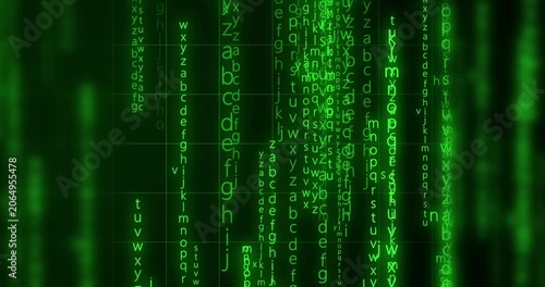 Neon Encrypted Digital Katakana Matrix Rain Alphabets Text. Dark technological backdrop evokes theme of Data Science, AI AGENTS, Communication. Ceaser text shown in e2e encryption. Sci-fi gaming bg
