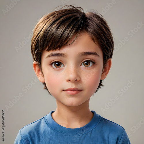 Close up 3D cartoon portrait of a smiling young boy
