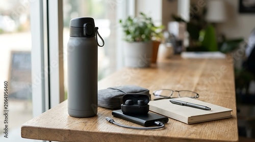 Grey reusable water bottle with notebook and pen on a wooden office desk by the bright window in the room. spill proof bottles