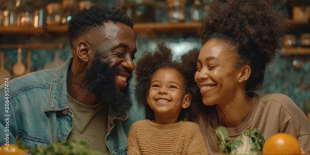 Obraz premium Happy Family Cooking Together: A joyous African-American family, a father, mother, and daughter, share a warm moment of laughter and connection while preparing a healthy meal in their kitchen.