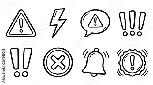 Safety warning and notification element collection in a cute doodle style, alert triangles, lightning bolts, exclamation marks, speech bubbles, cross signs, bells, and stamp icons