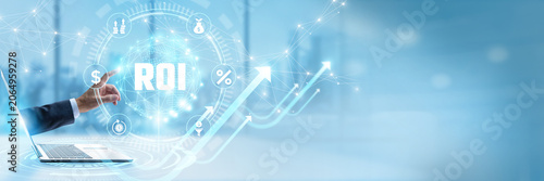 Tableau sur toile Businessman touching virtual interface with ROI and financial return on investment networking