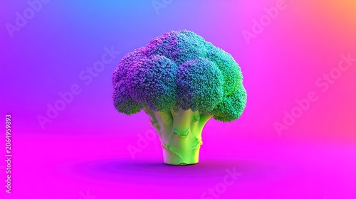 Single head of edible flora illuminated with vibrant, contrasting neon lighting colors