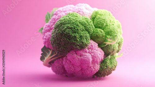 Grouping of vibrant green and purple vegetable crowns contrasts against a bright background
