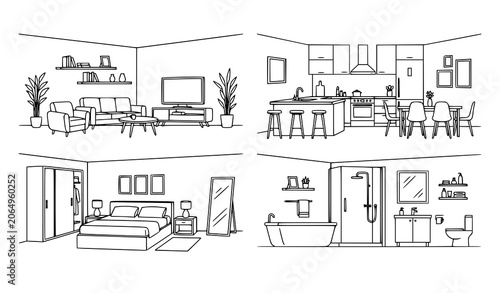 House Interior Web Banner Set Featuring Modern Residential Rooms and Furniture Illustrations