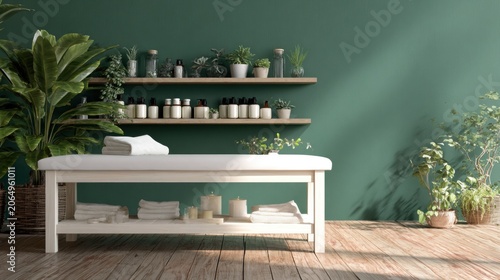Serene treatment room interior features a massage table surrounded by lush greenery and stacked shelves of wellness products
