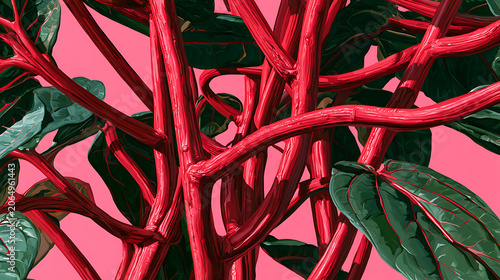 Close-up of Bright red stems and dark green leaves on a pink background