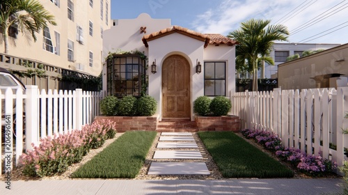 Charming stucco home features a traditional entry walkway bordered by manicured landscaping and a white picket fence