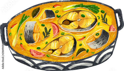 Hand Drawn Illustration of Traditional Indonesian Pindang Patin Fish Soup