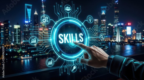 Skills development concept with futuristic interface and city skyline background