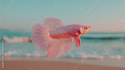 Vibrant pink tropical fish suspended against a soft focus ocean background at sunset