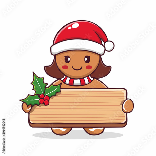 Cute Gingerbread Woman Holding a Wooden Sign with Holly
