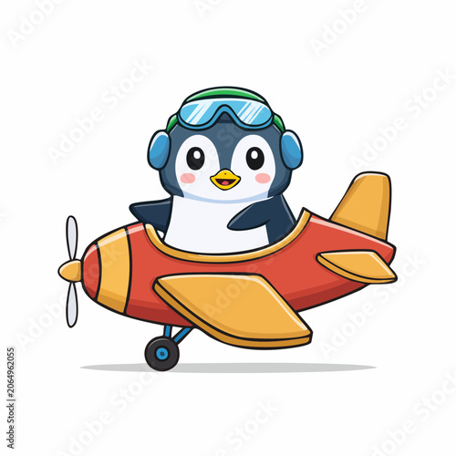 Cute Penguin Pilot Flying a Red Airplane