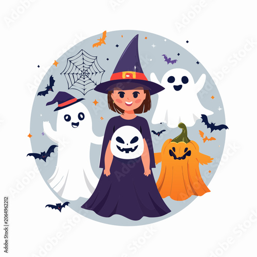 Halloween Illustration: Witch Girl with Ghosts and Pumpkin