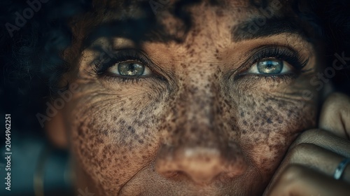 Portrait of a Woman with Freckles and Intense Eyes