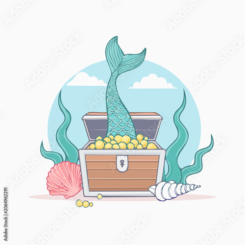 Mermaid Tail Emerging from Treasure Chest Filled with Gold Coins