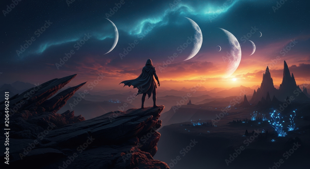 Fototapeta premium A lone figure stands on a rocky outcrop, gazing at a breathtaking sunset over a fantastical landscape with multiple moons and glowing auroras.