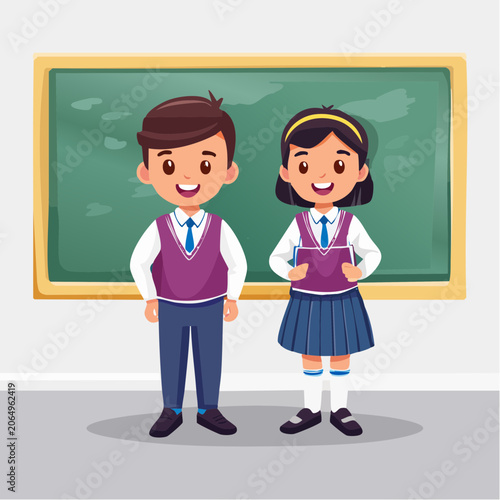 Two cartoon students in uniform standing in front of a blackboard