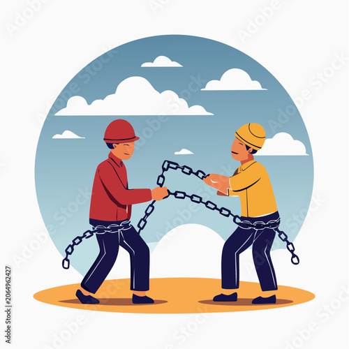Two men struggling with a heavy chain