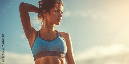 Fitness Motivation: A woman in athletic wear poses confidently against a bright sky, radiating health and determination.