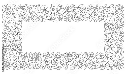 Continuous Line Flower Frame Minimal Botanical Border One Line Drawing Vector Illustration