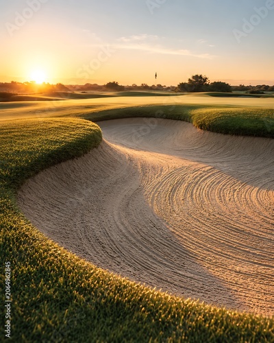 A serene golf course bunker bathed in the warm, golden light of a rising sun, with manicured green fairways stretching into the distance.