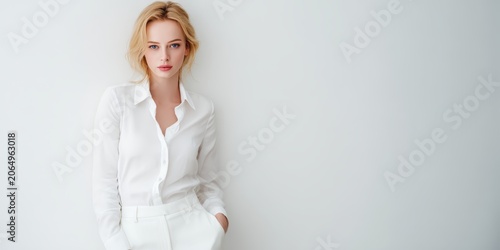 Chic Elegance: A poised young woman in a crisp white blouse and trousers exudes modern sophistication, her gaze confident and direct against a clean, minimalist backdrop.
