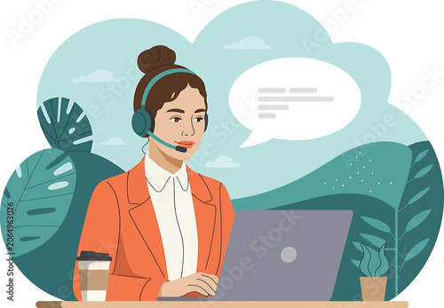 Businesswoman Wearing Headset Working on Laptop in Office
