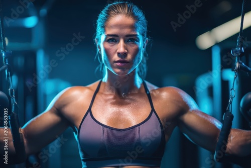 Female strength: A focused woman exercises with gym equipment in a dark, moody gym setting, highlighting her muscular physique and determination.