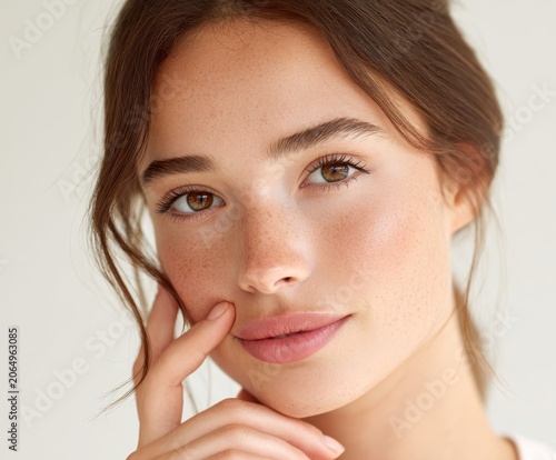 Radiant Beauty, Subtle Touch: A young woman with striking features and a gentle hand near her face showcases natural beauty and a hint of mystery.
