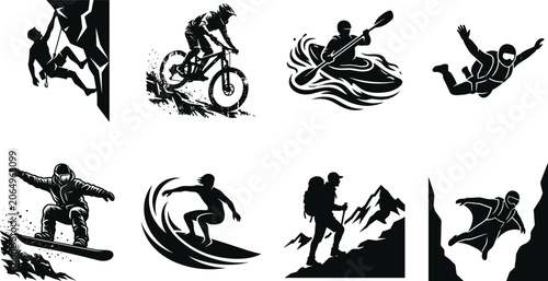 Bild auf Leinwand Extreme sports and outdoor adventure vector silhouettes set including rock climb