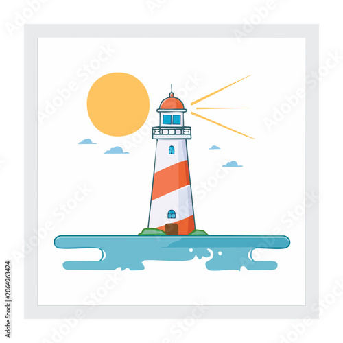 Flat design lighthouse with sun and ocean waves