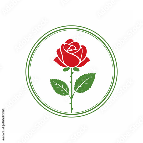 Red rose with green leaves in circular frame