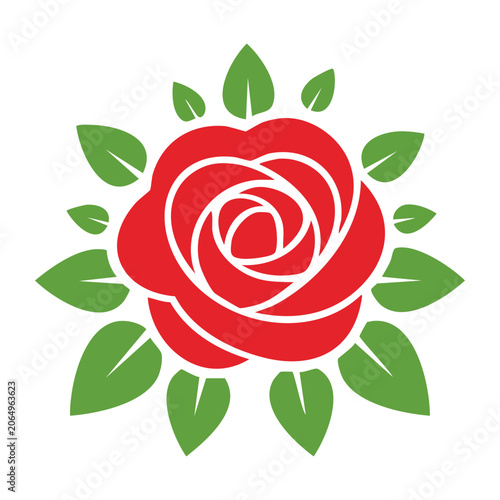Red rose with green leaves flat vector icon