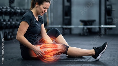 Woman in gym feeling pain in thigh muscle after workout. Athlete with injury touching leg. Concept of sports trauma and quad strain. Anatomy of human muscle in highlighted glow zone.