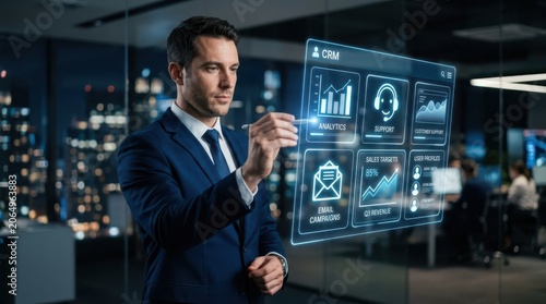 Business professional interacting with a transparent crm dashboard displaying analytics sales targets and customer support metrics in an office