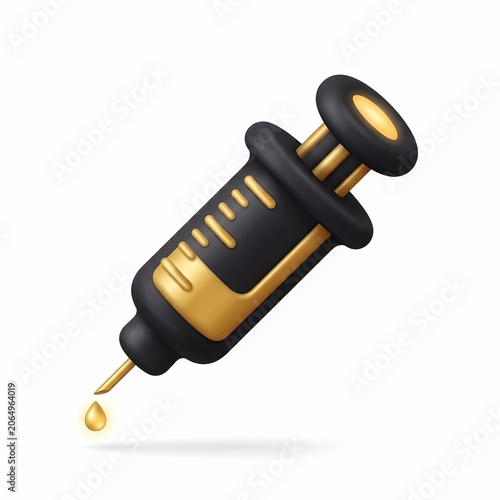 3D medical syringe with gold liquid drop