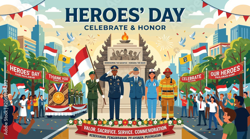 An illustration depicting Heroes' Day celebration with diverse essential workers, military personnel, and citizens honoring their service in a vibrant city parade.