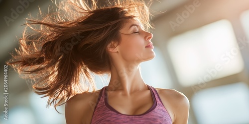 Feeling the Sun: A woman with her eyes closed, her hair flowing in the wind, feeling the warmth of the sun on her face.