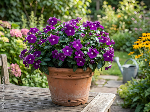 Purple Vinca Flowers in Terracotta Pot on Garden Table