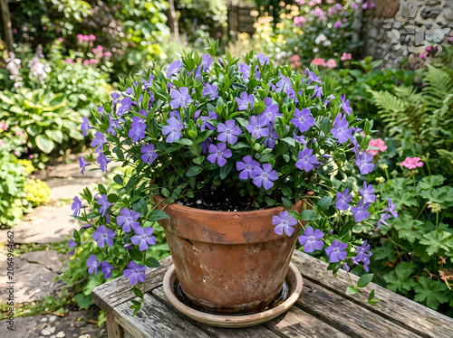 Purple periwinkle flowers in a terracotta pot on a garden bench